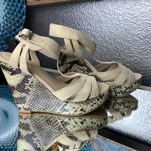 Beige faux snake & suede Call it Spring wedges!